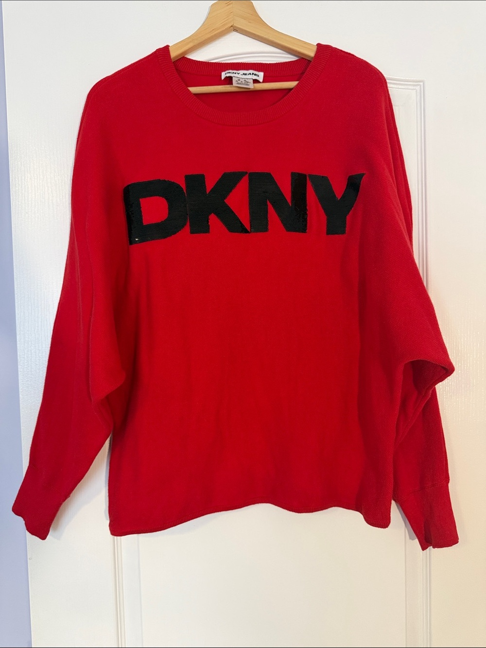 DKNY Red Batwing Sweater with Sequins – Size XL – Excellent Condition